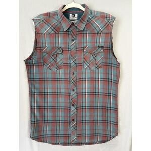 Quiksilver Vtg Y2K Skateboard Sleeveless Plaid sz L Frayed Arms Western Yokes